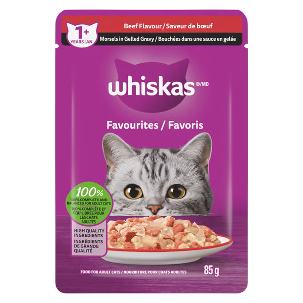 WHISKAS Favourites Adult Wet Cat Food Morsels In Gelled Gravy - Pouch, 85g