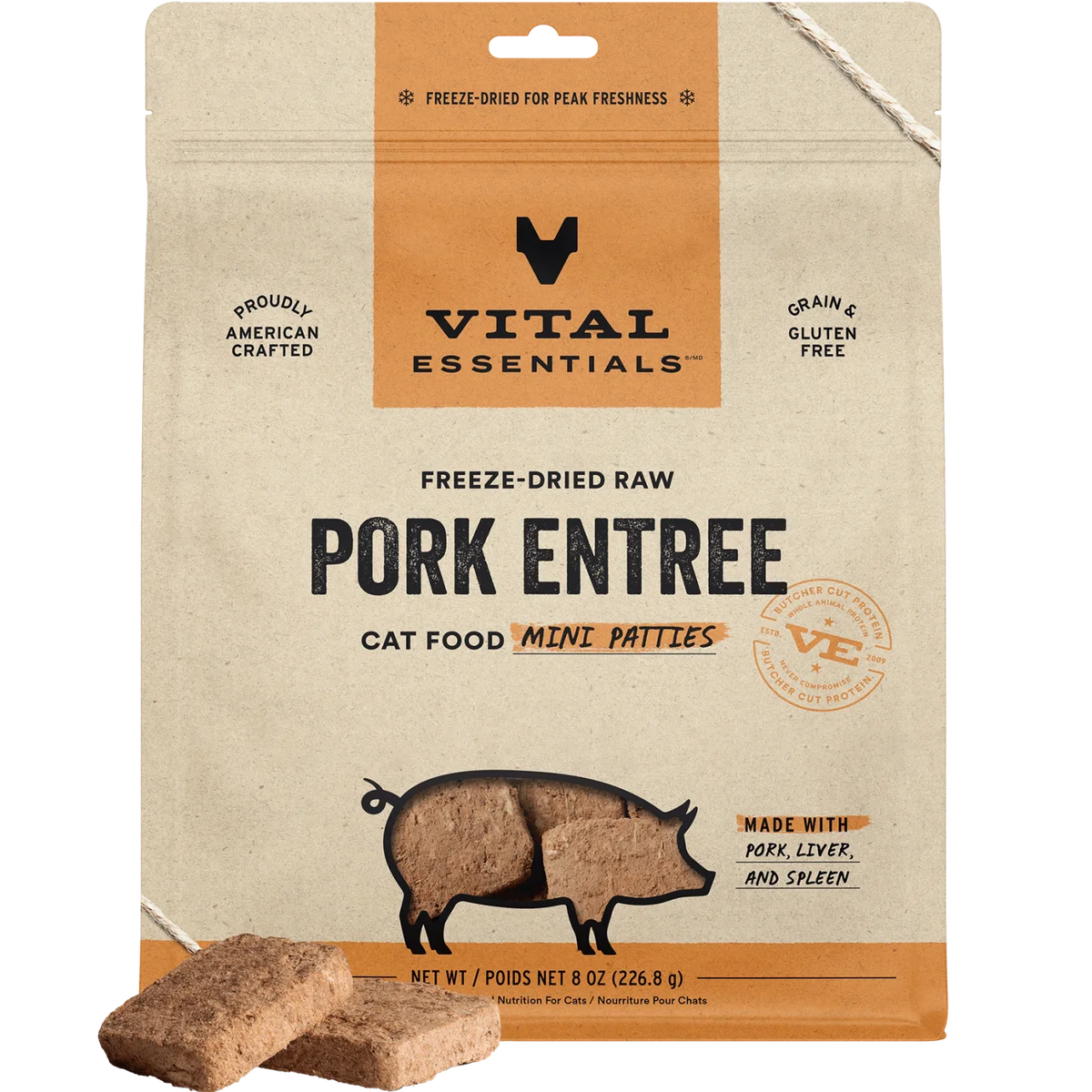 Vital Essentials Freeze-Dried Raw Pork Entree Cat Food Mini Patties 8 oz