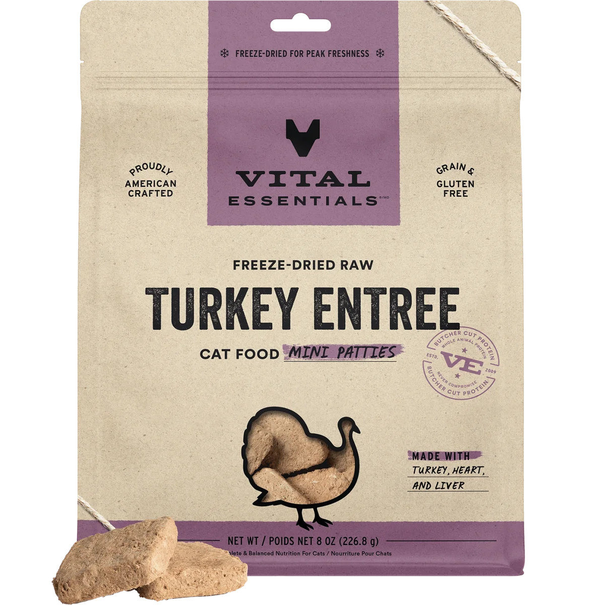 Vital Essentials Freeze-Dried Raw Turkey Entree Cat Food Mini Patties 8 oz