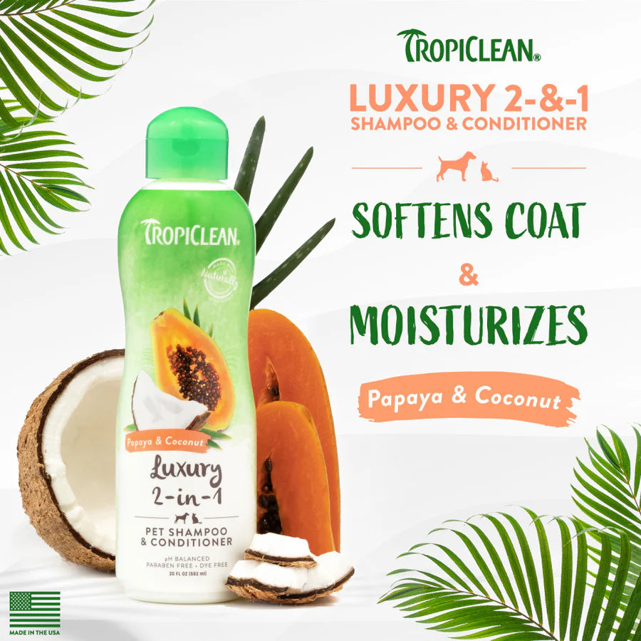 TropiClean Papaya & Coconut 2-In-1 Shampoo and Conditioner for Pets 20oz