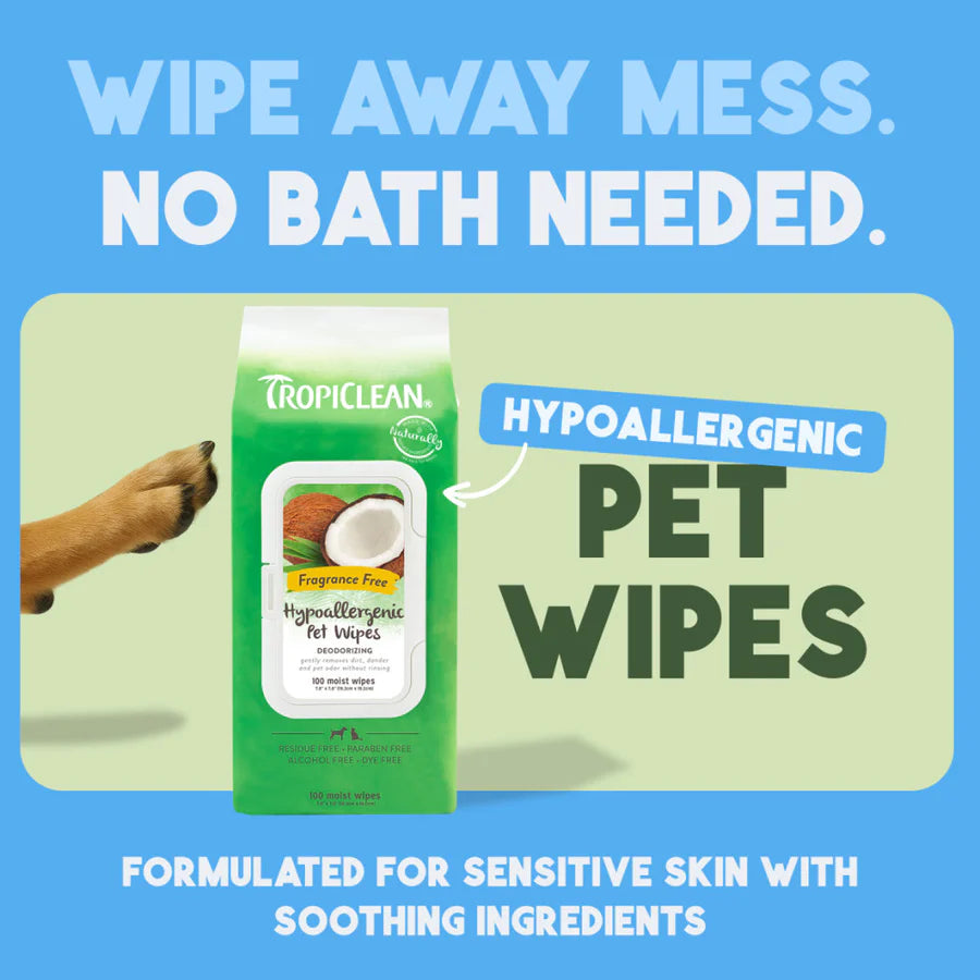 TropiClean Hypoallergenic Fragrance Free Pet Wipes, 100ct